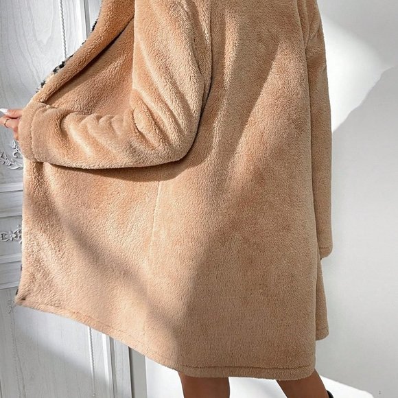 Khaki Casual womens Leopard Pattern Lapel Neck Open Front Teddy Coat - Picture 2 of 5